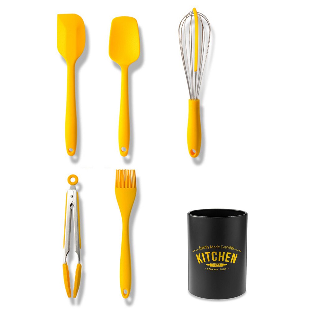 Herramientas para hornear juego de utensilios de cocina de silicona, pinzas cepillo raspador batidor de huevos accesorios de cocina antiadherentes, herramientas de cocina amarillo: 6-Pcs With metal box