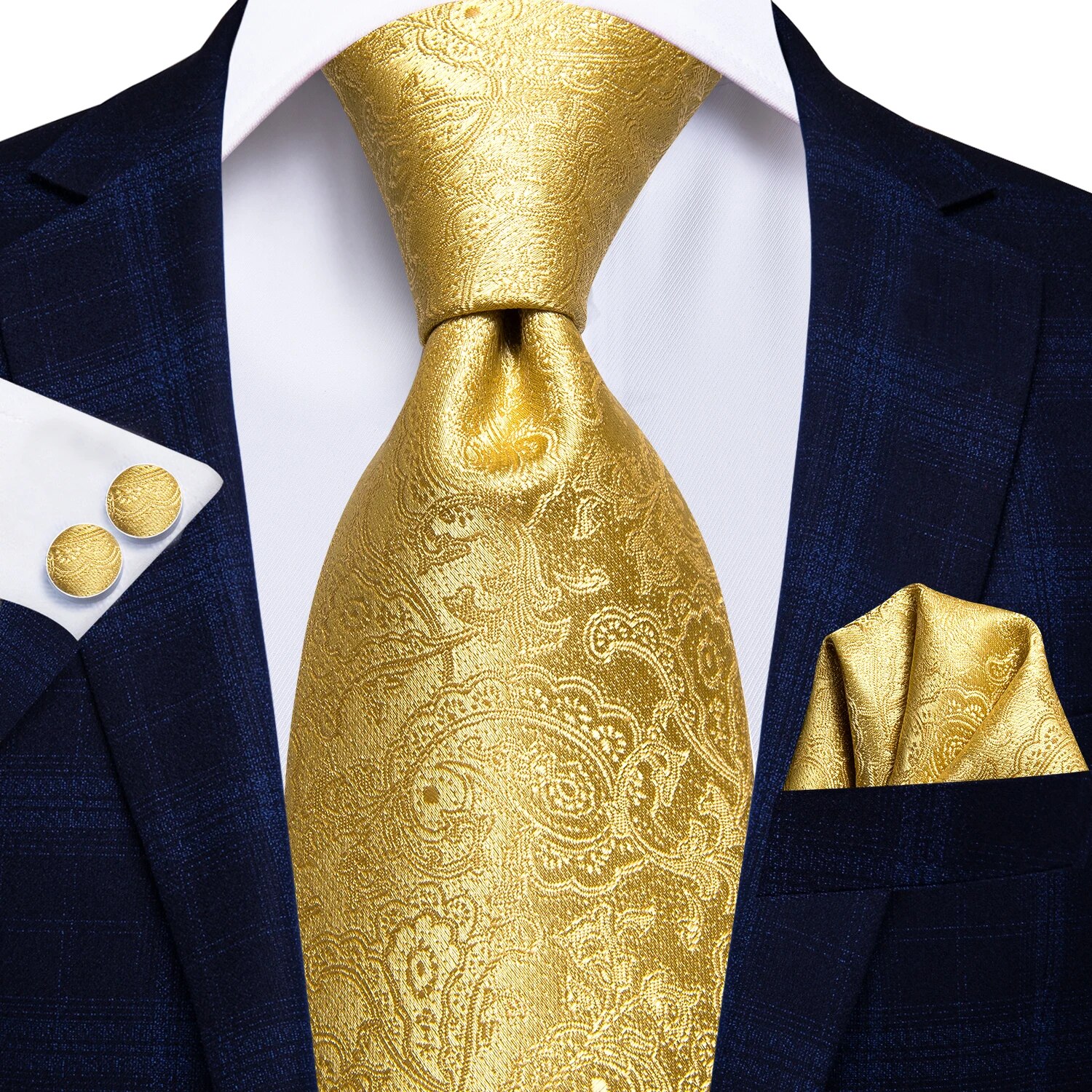 Hi-Tie-corbata de boda de seda de para hombre, color azul pavo real, gemelos, , conjunto de corbata de para de negocios: YELLOW