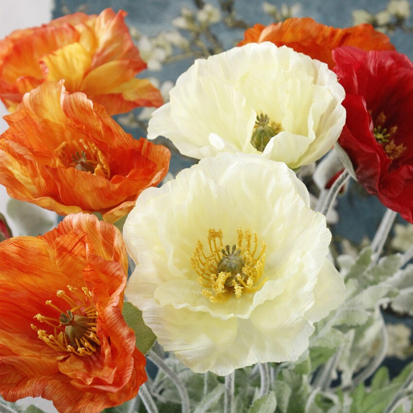 5 pièces artificielle grande fleur de coquelicot avec feuilles fleurs artificielles pour automne automne maison fête décoration couronne fausses fleurs de soie
