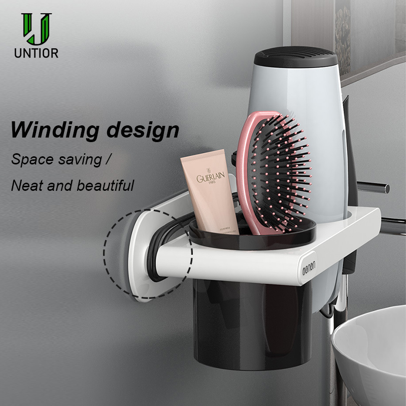 UNTIOR Plastic Föhn Houder met Storage Cup Wall Mount Föhn Plank Opslag Nail Gratis Slaapkamer Badkamer Accessoires Set