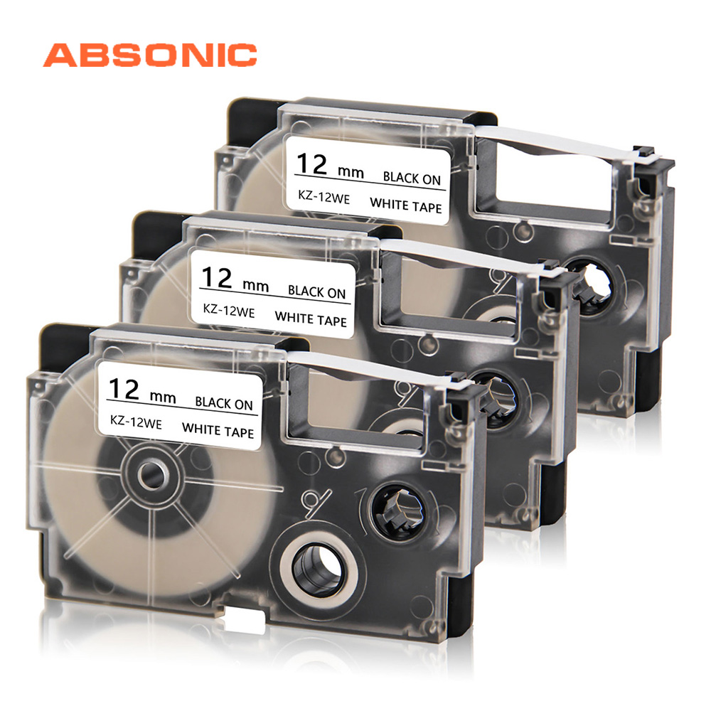 Absonic 3PCS 12mm*8m Compatible For Casio XR-12WE Labels Tape Tags Maker Tapes Cassette Replace For Casio XR-12WE Black on White