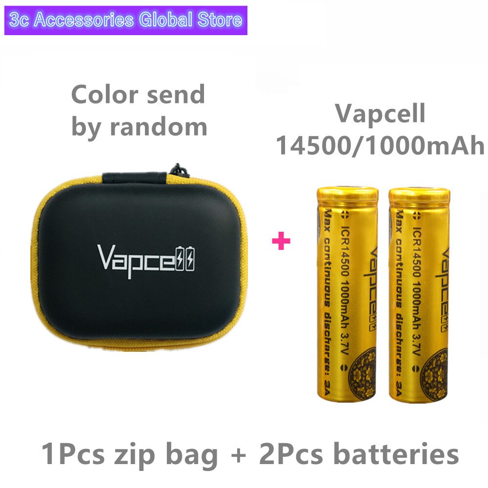 2pcs Vapcell 14500 battery 1000mah 3A mini lithium battery ICR14500 14500p For flashlights small power tools: 1 zip bag 2 battery