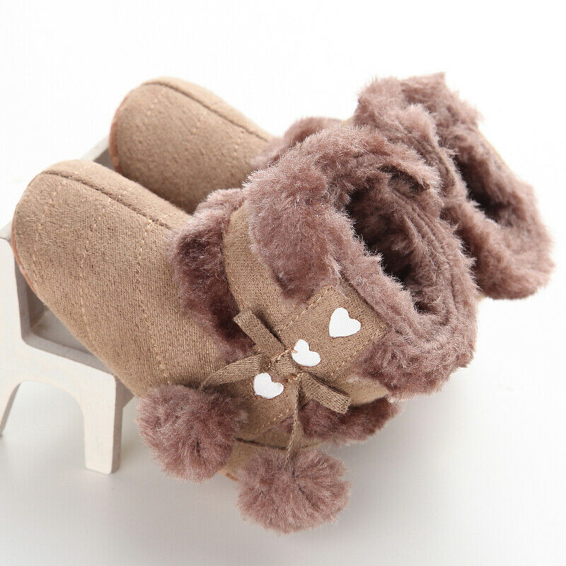 Baby Winter Warme Stiefel Nette Baby Mädchen Schuhe Kleinkind Weiche Sohle Schnee Stiefel Fuzzy Bälle Herzen Drucken Nette Prewalker 0-18M: Brown / 0-6 Monate