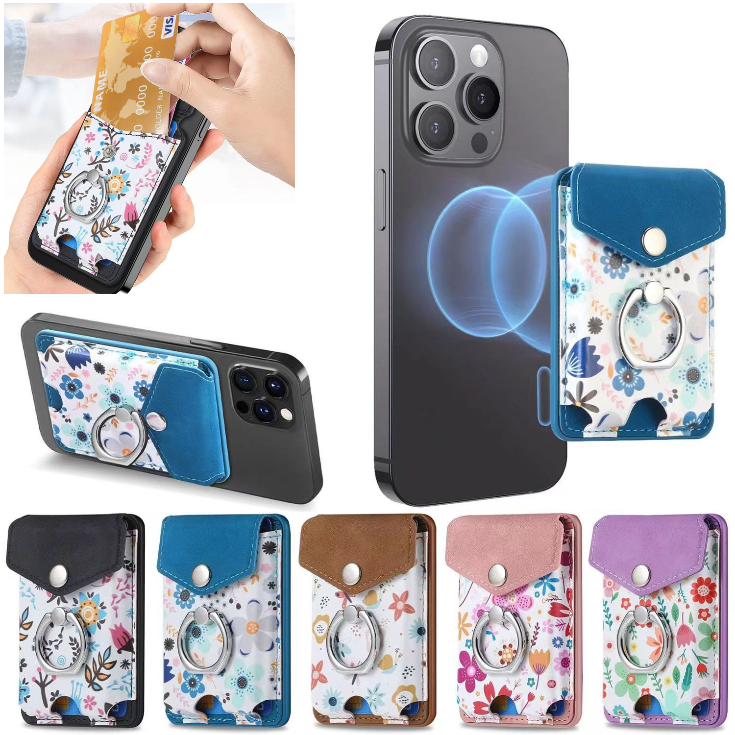 Floral Pattern Magsafe Wallett Card Holder Removable Silicone Security Box Card Holder with Bracelet Holder for Iphone Apple