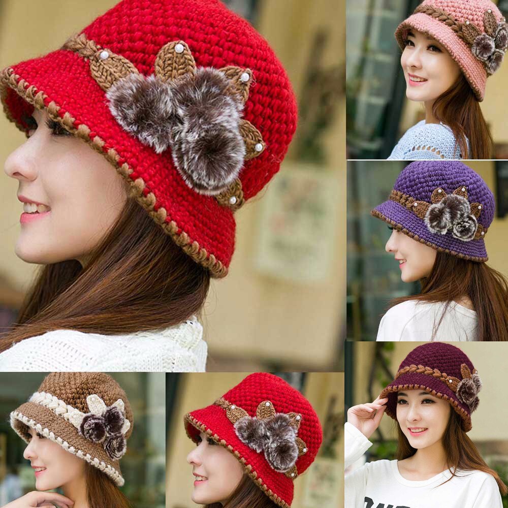 Women Lady Winter Warm Crochet hat Vintage british hats Knitted Flowers Decorated Ears Hat шапка зимняя женская