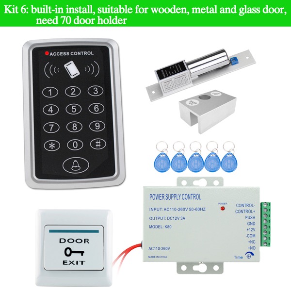 Waterproof RFID Access Controller T11+Electric Control Lock+3A/12V Power Supply+Exit Button+5pcs Key Cards+Door Holder+Bracket: T11Kit6
