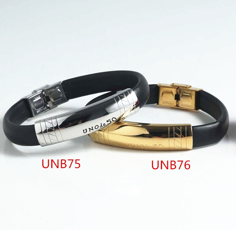 Vrouwen Mannen Zilveren Kleur Goud Rvs Weave Vierkante Uno De 50 Lock Key Zwart Lederen Armband sieraden