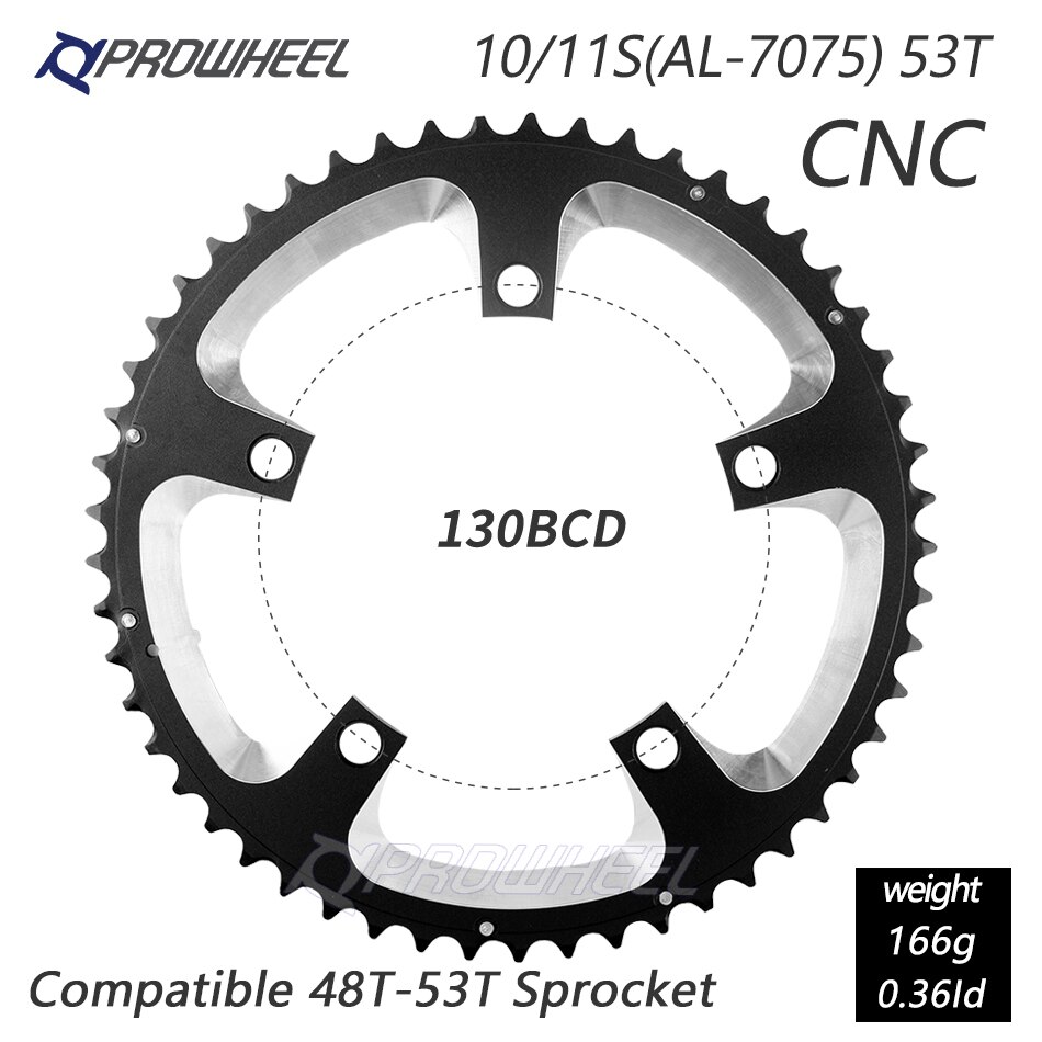 Prowheel Racefiets Kettingblad 110/130BCD 34/39/50/53T Tandwiel AL-7075 Cnc 8/9/10/11 Speed Chainwheel Crankstel Tandplaat Onderdelen: 5h 130bcd 53t Al7075