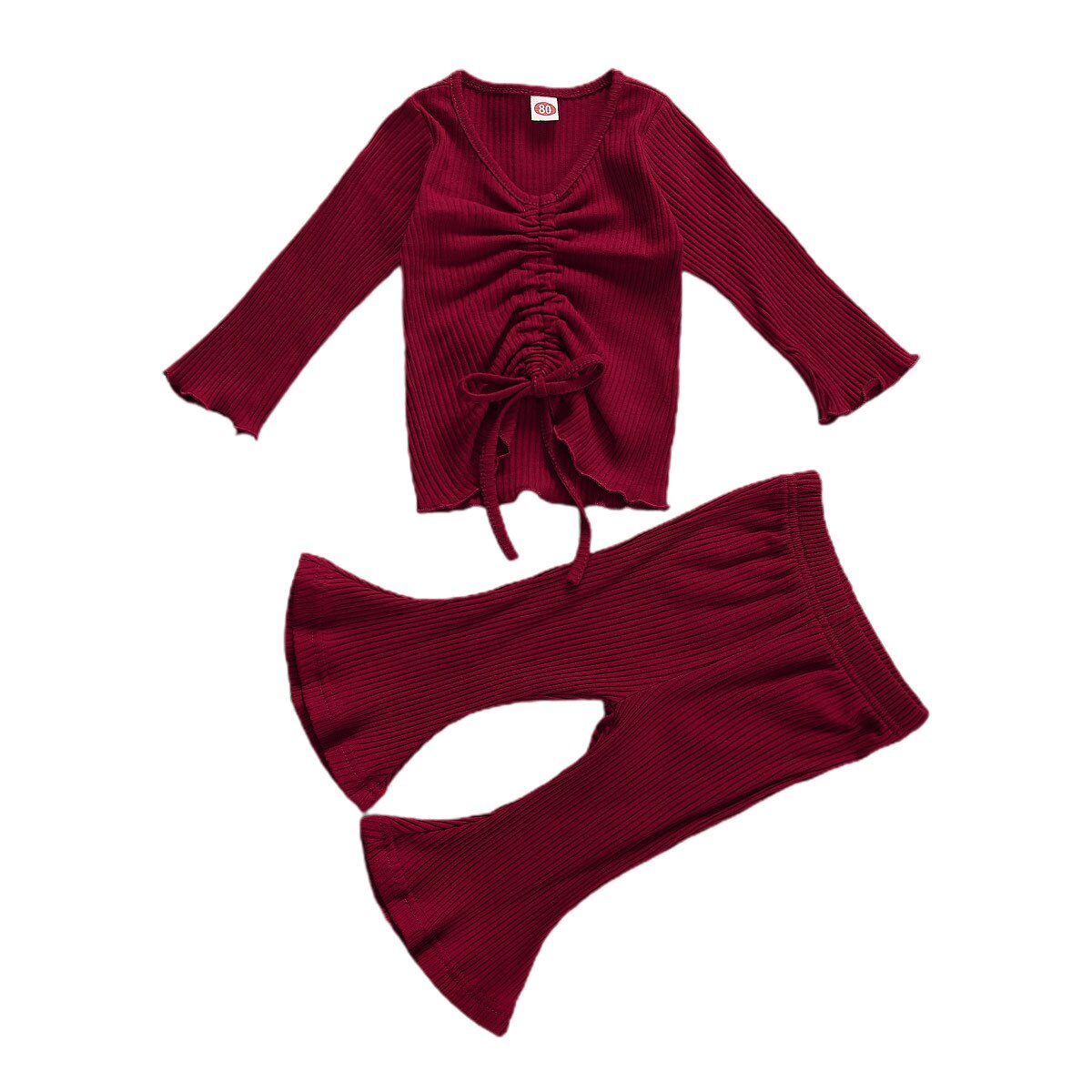 Infant Kids Baby Meisje Geribbeld Solid Set Uitlopende Mouwen Pak Lange Mouwen Tops Shirt Broek Navel Trekkoord Lente Kleding: Rood / 12m