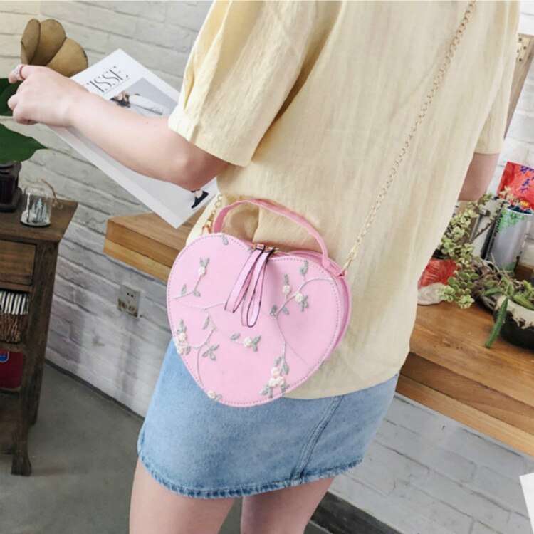 Bolso de hombro de encaje, bolsos de mujer de corazón de melocotón, bolso de mano de bordado, bolso Diagonal portátil para chica, bolso de cadena en forma de corazón para niña