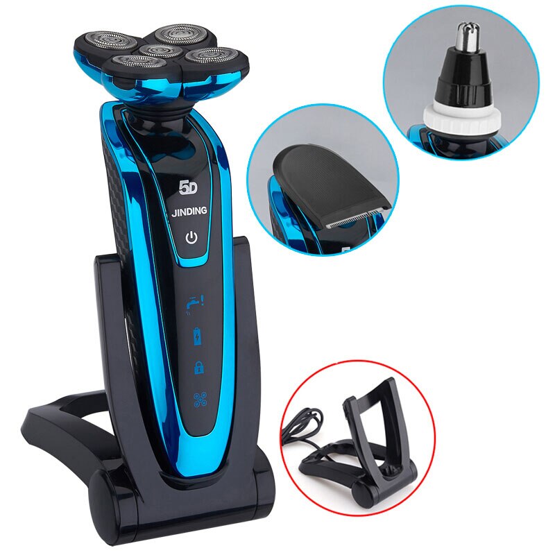 JINDING 5 Blade Electric Shaver for Men Rechargeable Razor Original Shavers Washable 3D Floating Head Beard Shaving Machine: Blue