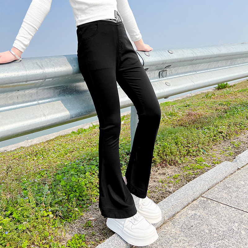 Pantalones acampanados para niña y niño, pantalones ajustados negros con letras de cintura elástica, ropa informal coreana para adolescentes de 5 a 14 años, primavera 2022