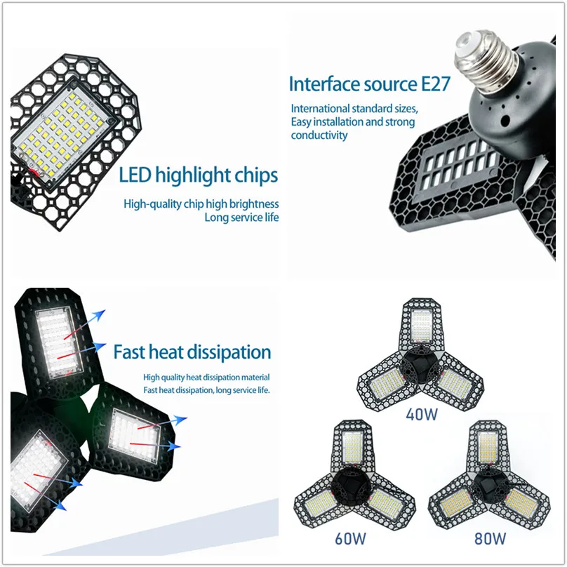 Led-garagelampa 40w 60w 80w deformerbar lampa 110v 220v superljus industriell belysning justerbar vinkellampa för verkstad