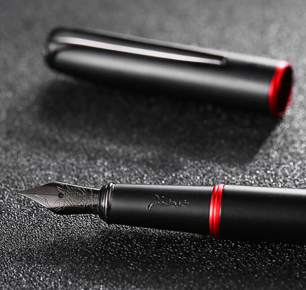 bolígrafo de tinta Picasso Pimio negro, pluma de Metal negro EF/M/plumín curvo 0,38/0,6/1,0mm, anillo rojo mate, bolígrafo de tinta para de negocios y oficina