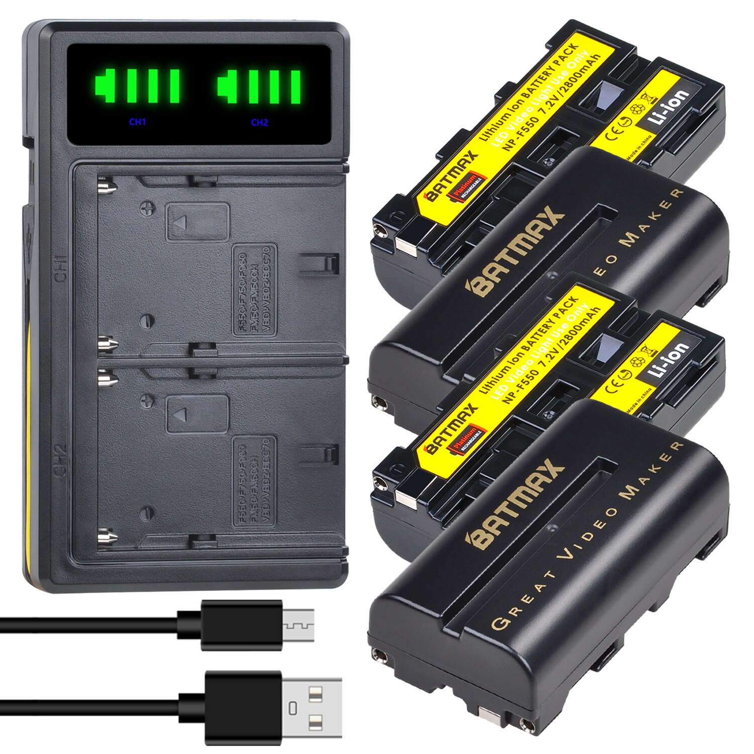2600mAh NP-F550 NP F550 F570 F530 F330 luce batteria + LCD caricatore doppio USB per Yongnuo Viltrox Video LED luce: 4Pcs set