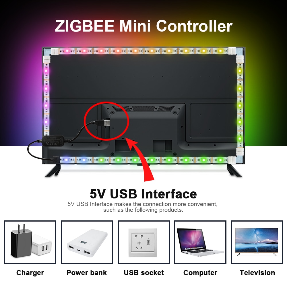 Zigbee Led Strip Controller Mini Dimmer DC5V Rgbcct Kleuren Strip Licht Usb Controller Hub App/Alexa Voice Control Led licht
