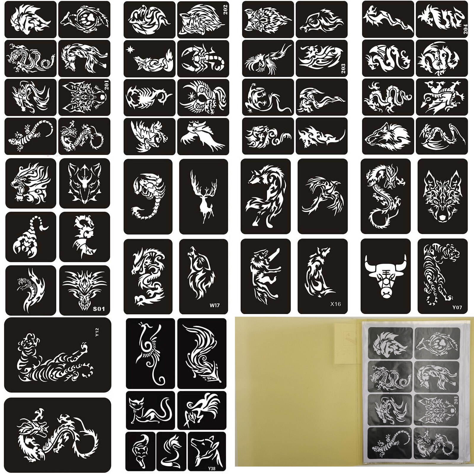 59 PCS 10 Pages A4 Size Temporary Tattoos Stencil Book with Brochure Henna book for painting wolf dragon animal