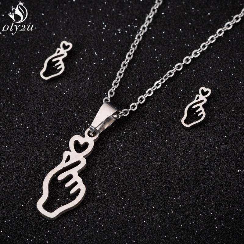 Koreaanse Mode Vinger Hart Ketting Oorbellen Toon Uw Liefde Rvs Stud Oorbellen Voor Vrouwen Sieraden Sets Accessoires