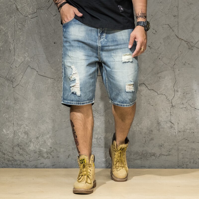 Sommer mænds løse lige rippede denim shorts plus størrelse 40 42 44 46 lyseblå jeans korte mandlige mærke: Xl