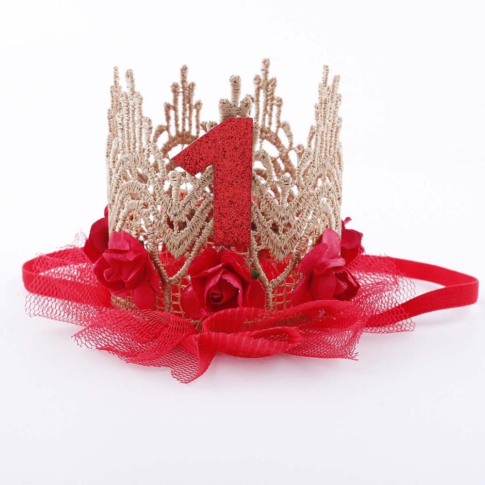 Pink Princess Headband Baby Girls 1st Birthday Party Hat Flower Crown Party Hairband Hair Accessories For Kids Photography Props: Red