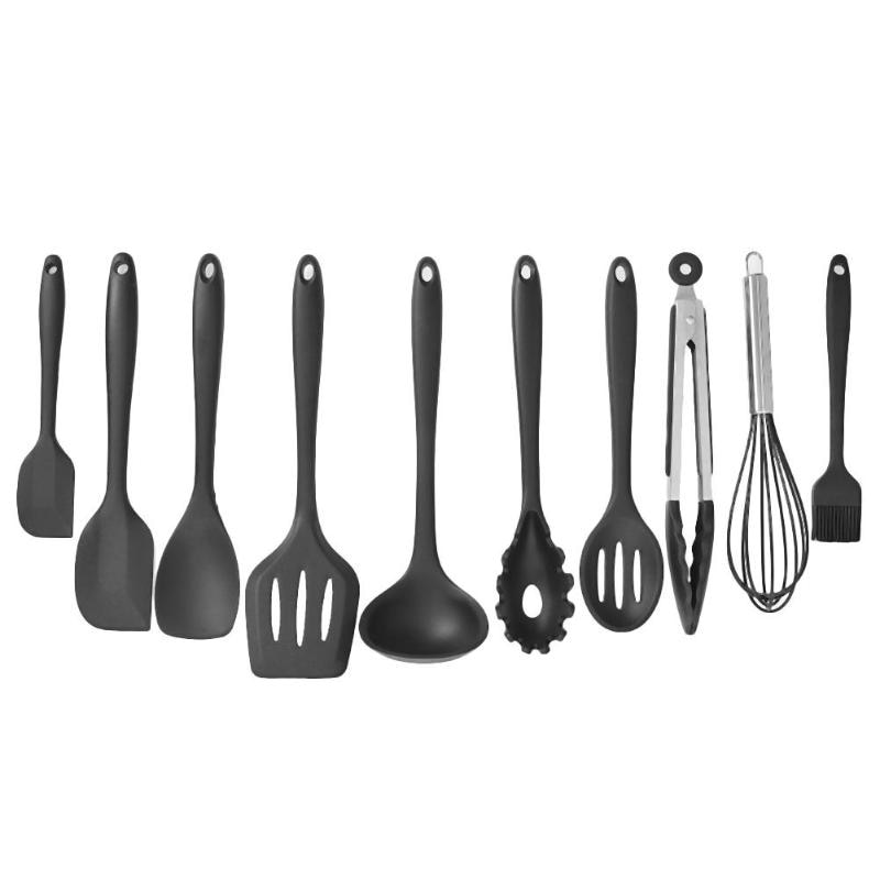 12Pcs Silicone Keukengerei Non-stick Kookgerei Koken Tool Spatel Pollepel Ei Kloppers Schop Lepel Soep Keukengerei Set: Black 10Pcs set