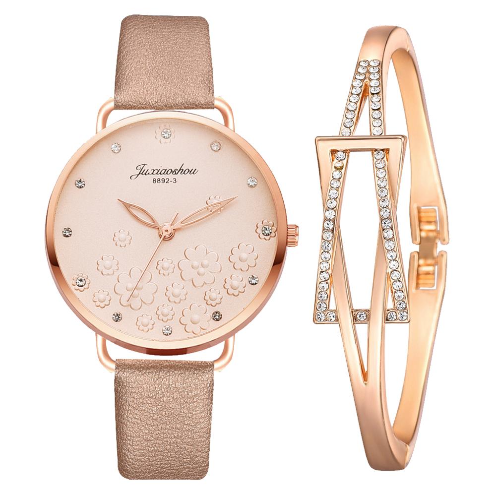 Frauen Diamant Uhr Blumen Runden Zifferblatt Armbinde Uhren einstellen Damen Leder Band Quarz Armbanduhr Weibliche Uhr Zegarek Damski: 2Stck Rose Gold