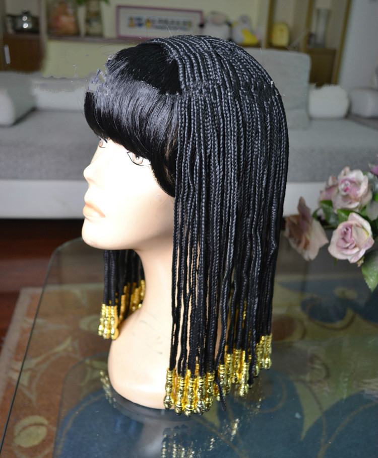 Cleopatra egipcio negro trenza cabeza resistente al calor pelo sintético Noche de Brujas carnaval Cosplay + gorra de peluca gratis: Wig Only