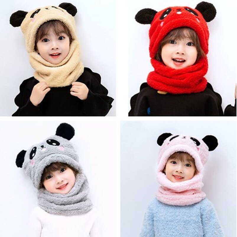 Children Winter Warm Hat Plus Fleece Thicken Scarf Cap Cartoon Panda Hat For Girls Boys Kids Caps Newborn Photography Baby Stuff