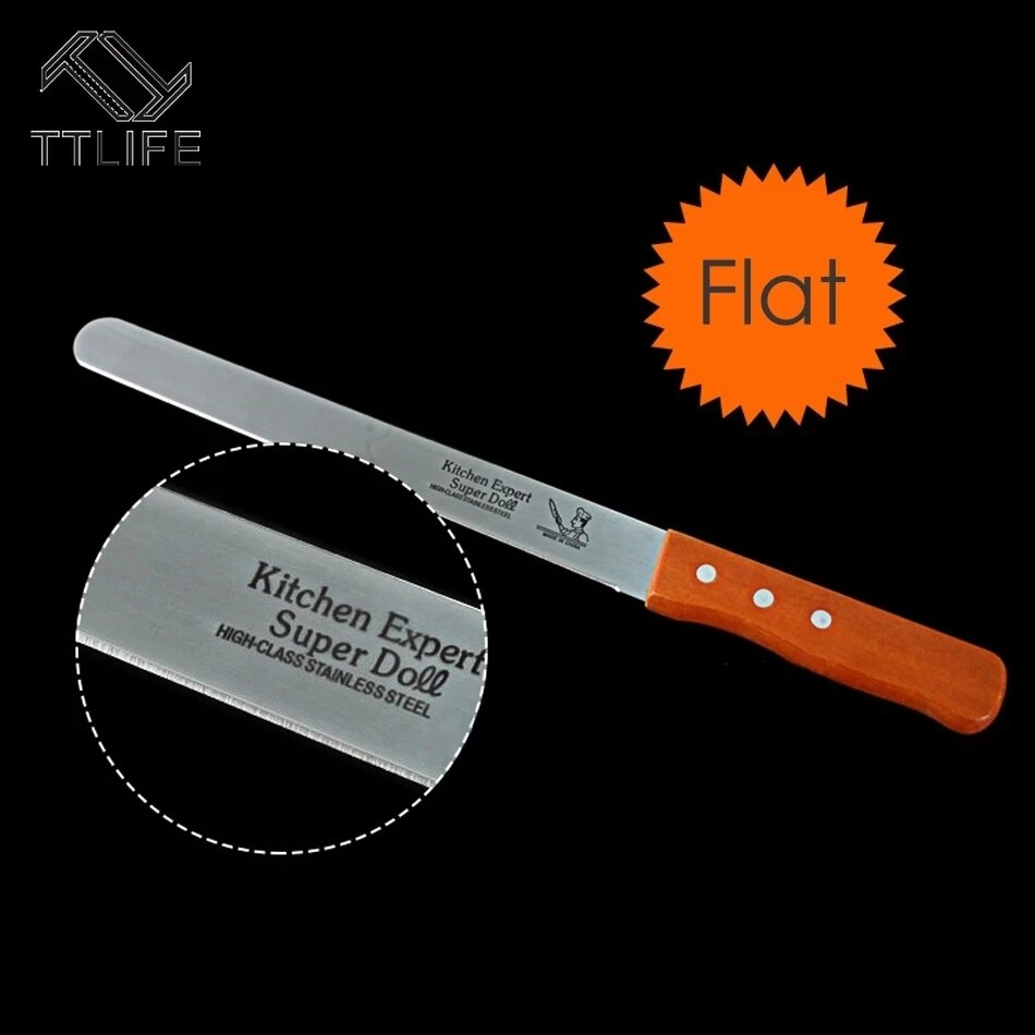 10 Inch Stainless Steel Layered Cutter Dough Bread Knife Wooden Handle Fine Flat Tooth Knife Baking Utensil Kitchen Pastry Tools: Flat