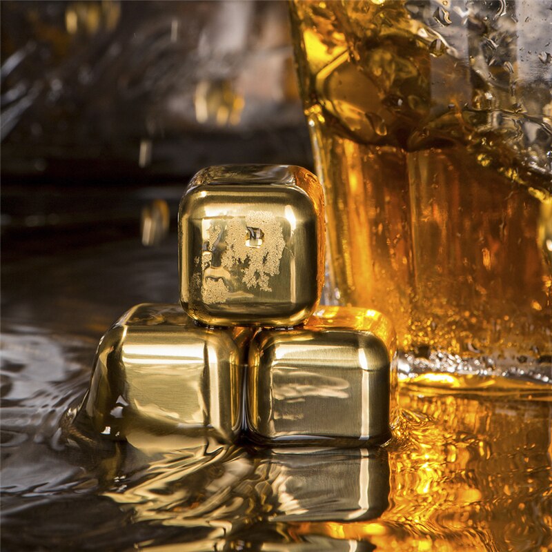 Goud Rvs Whisky Ijsblokjes Bar Vodka Whisky Wijn Bier Koeler Rotsen Koelers Houder Boxed Chiller Tools Vierkante Vorm
