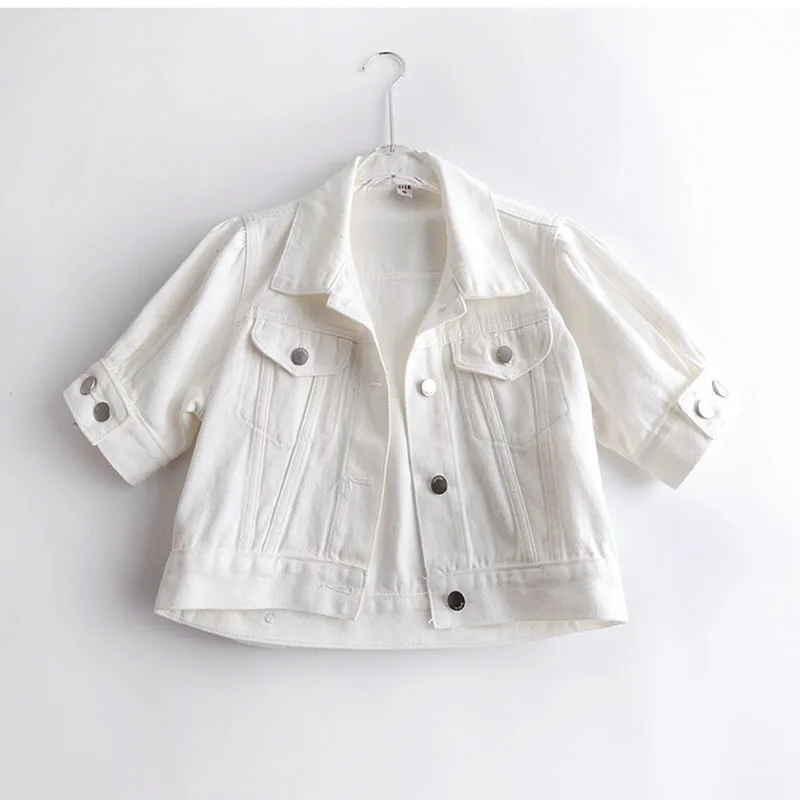 Vår sommer tynn hvit denimjakke frakk kvinner koreansk slank kort cowboy antrekk butikk lommer korte ermer jeansjakker dame