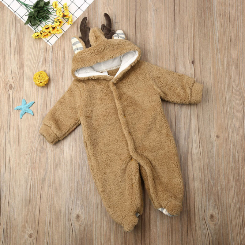 Winter Toddler Baby Girls Boys Antlers Hooded Romper Single Breasted Jumpsuit Newborn Infant Thick Plush Warm Clothes 0-18M