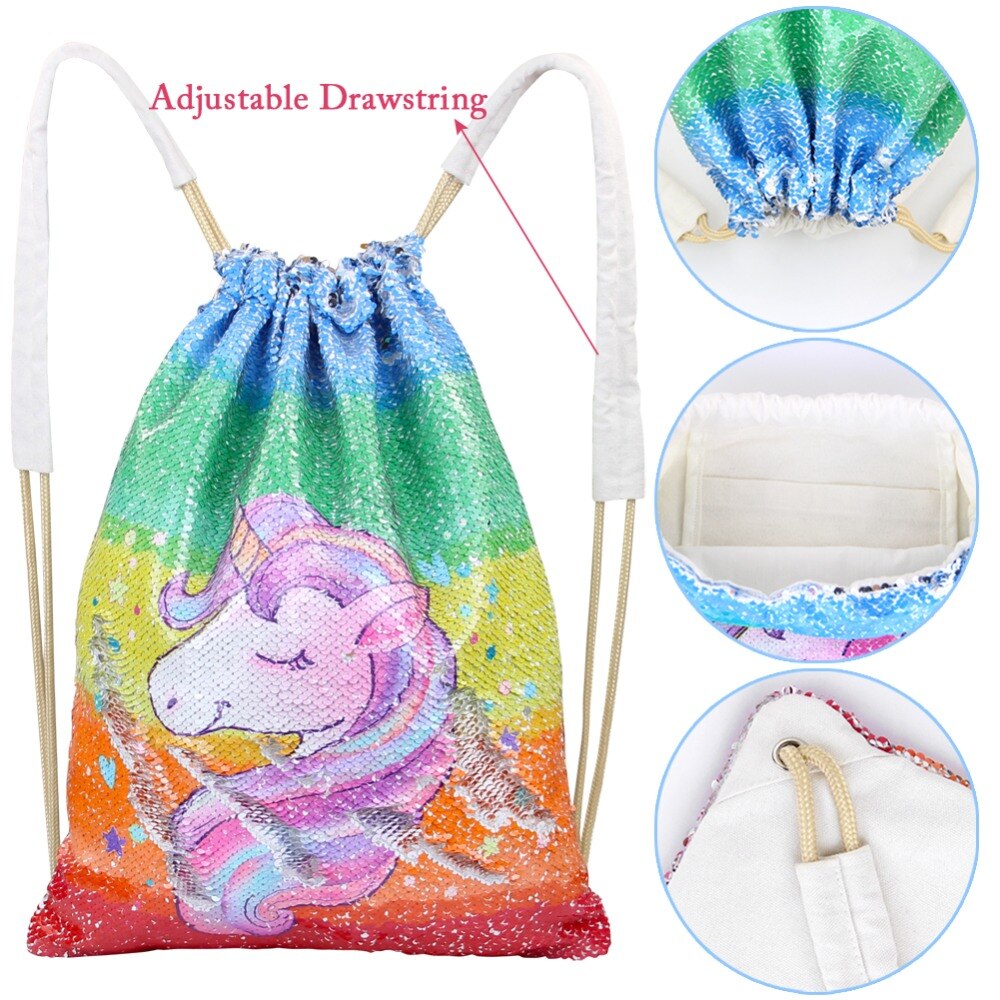 Unicorn Drawstring Bag Sequins Mermaid Backpack Bag Magic Reversible Shoulder Bag Storage Casual Party Supply