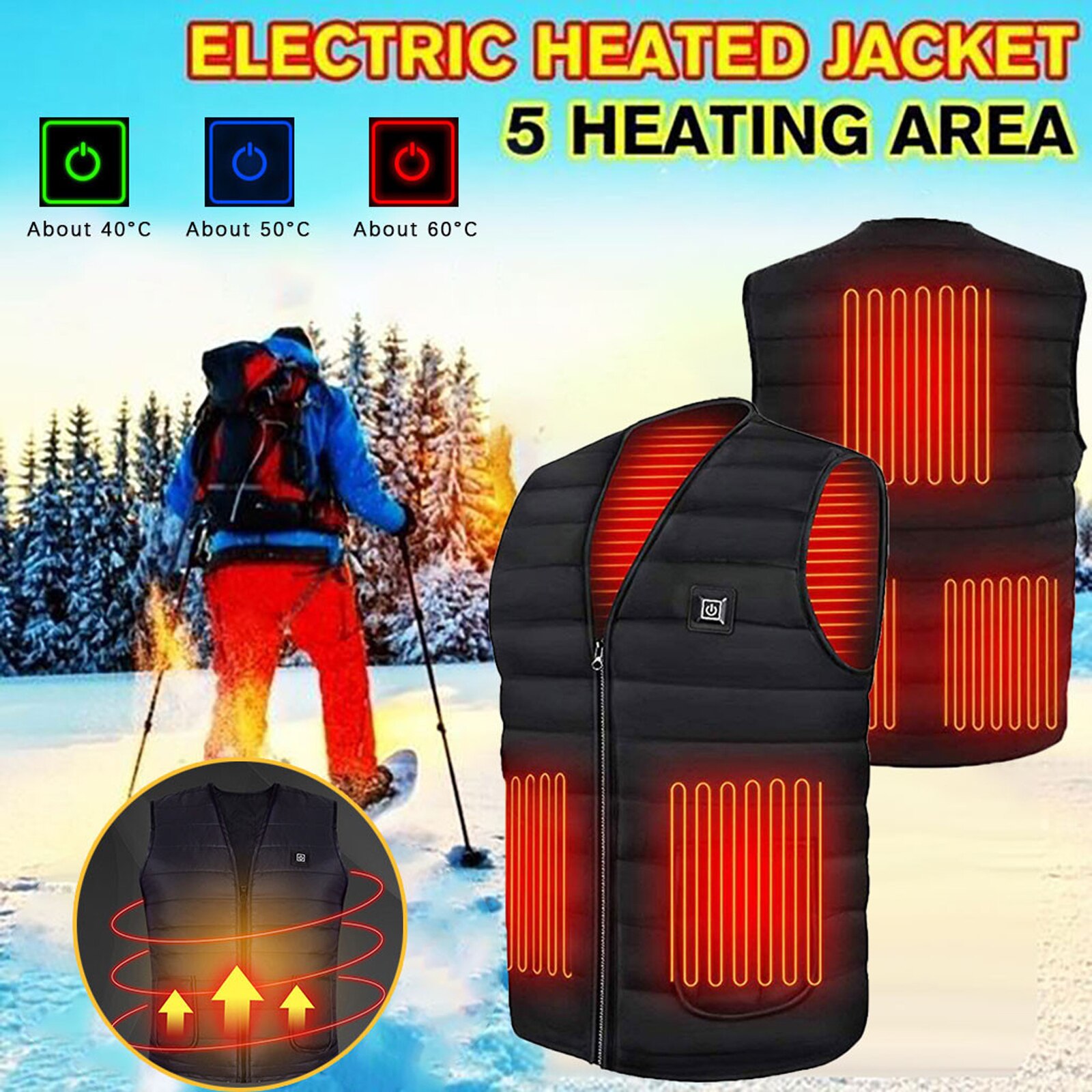 Outdoor USB Heating Coat Heated Vest Jackets Winter Flexible Electric Thermal Clothing V-neck Skiing Fishing Hiking Warm Clothes