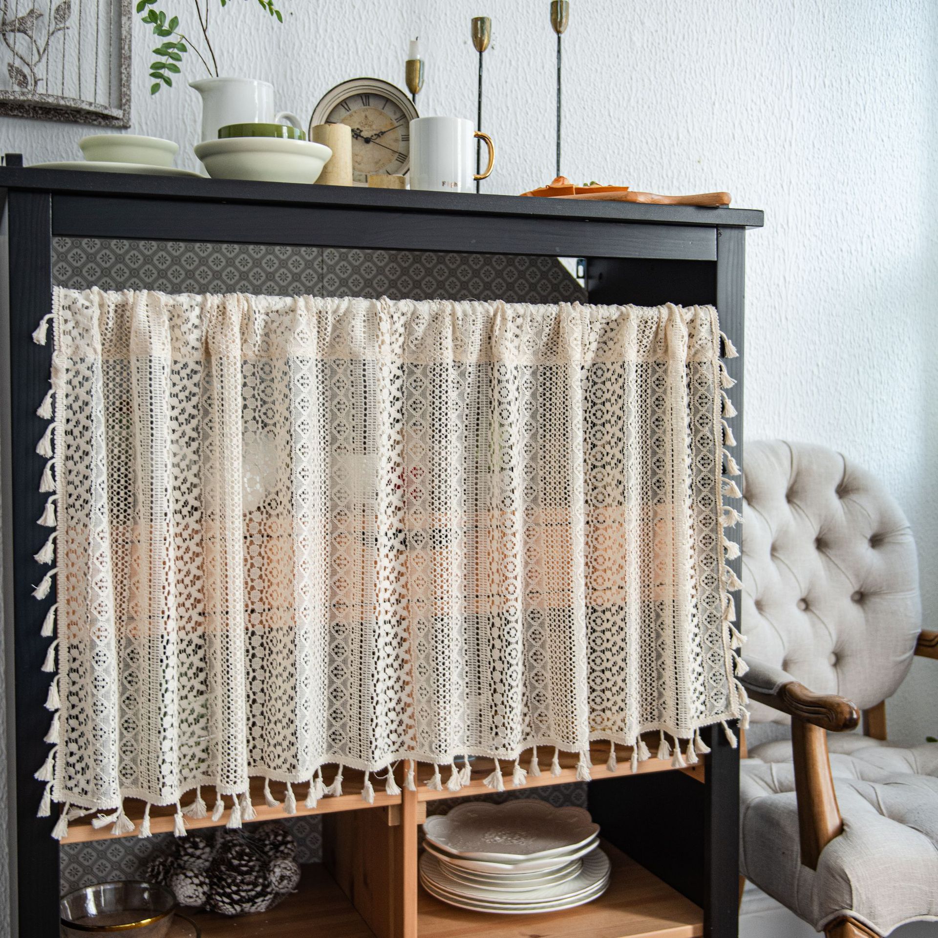 Schrank-Kleiderschrank-Vorhänge für Küche, Wohnzimmer, Schlafzimmer, Heimdekoration, kurzer Vorhang, japanischer Stil, kleiner Blumendruck, Spitze