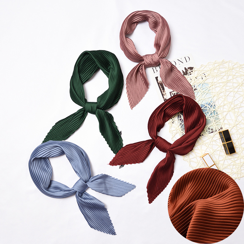 Plain Women Square Silk Scarf Skinny Ribbon Head Neck Small Pleated Hair Tie Band Kerchief Satin Foulard Scarves