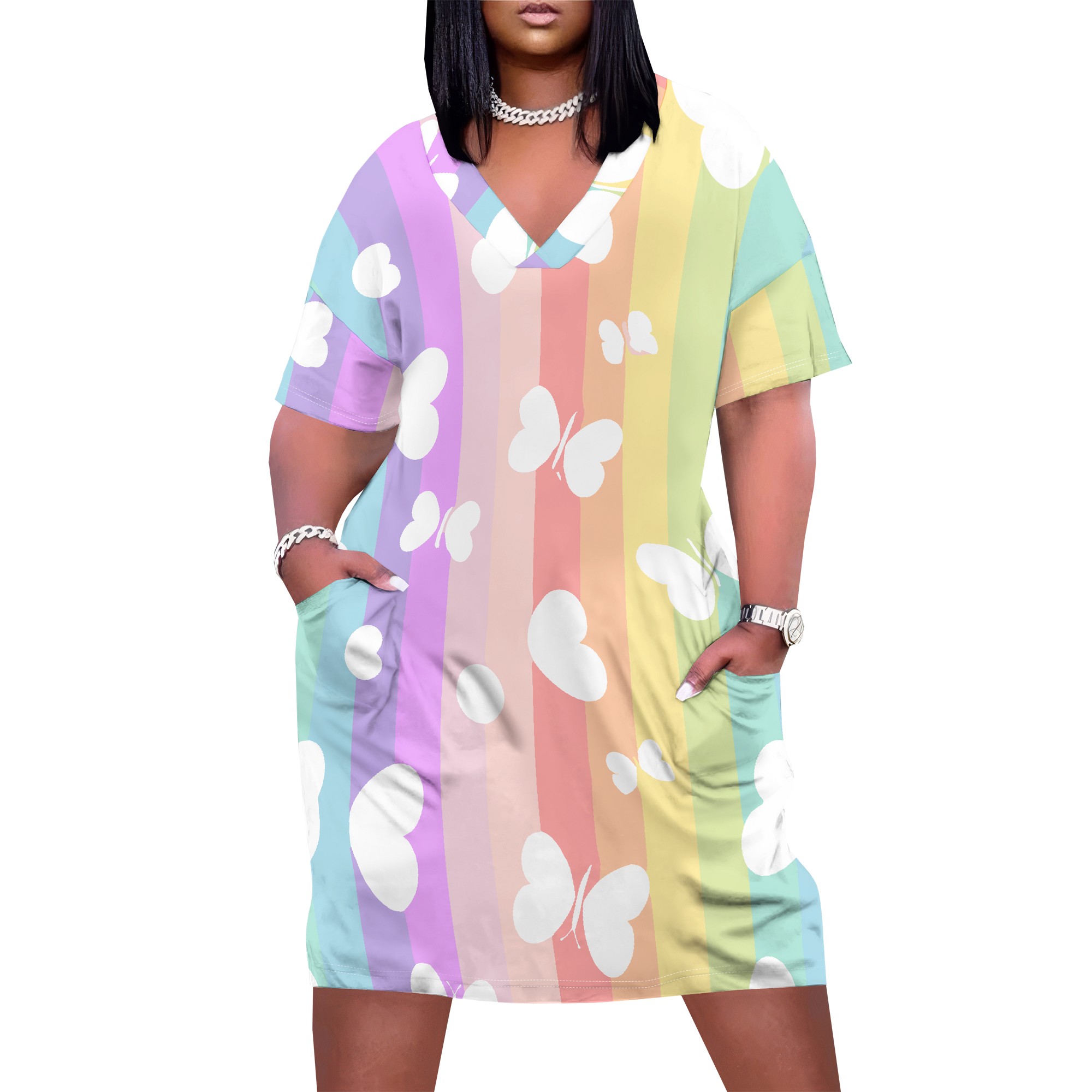 Zomerjurk in grote maten voor vrouwen met rondingen, casual jurk met zonnebloemprint, v-hals, korte mouwen, hawaïaanse boho strandjurk