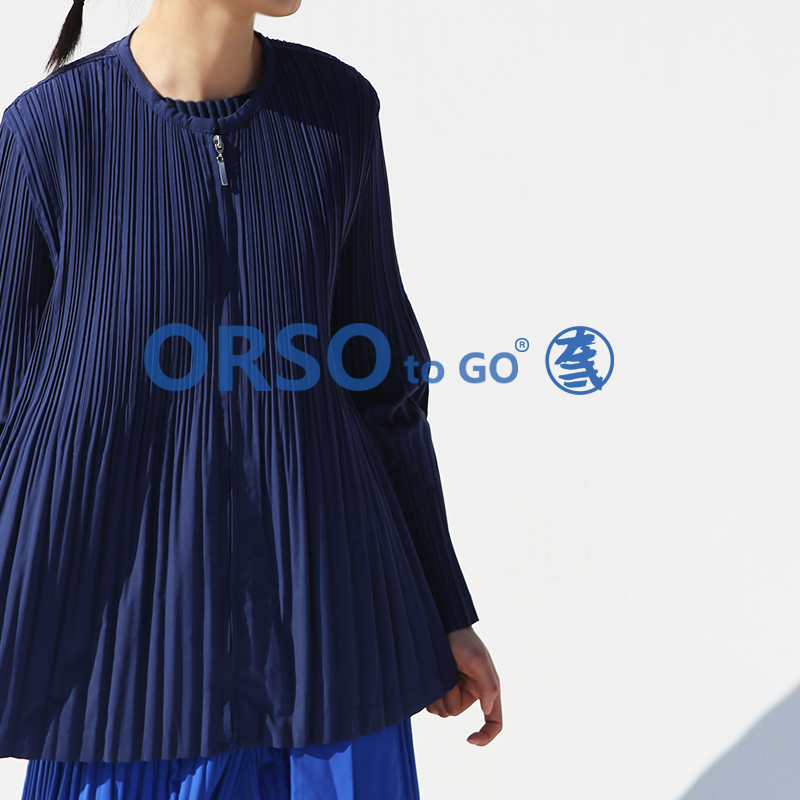 Miyake geplooide damesjas herfst casual ronde hals rits effen top esthetische kleding