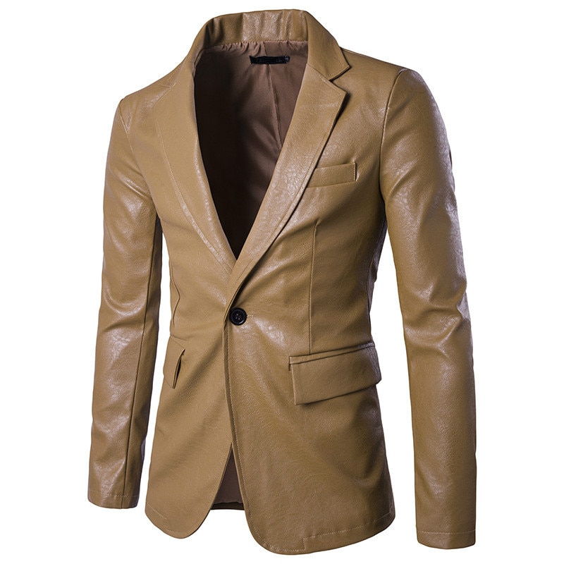 Mandlig slank high-end rød pu-jakke mænd langærmet formelt overtøj i imiteret læder forår plus size frakke solid 2xl: Khaki / M