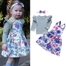Conjunto de traje Casual para bebé niño niña Top con volantes de manga larga + falda con tirantes + Diadema con lazo 3 unids/set de vestido de verano para niña