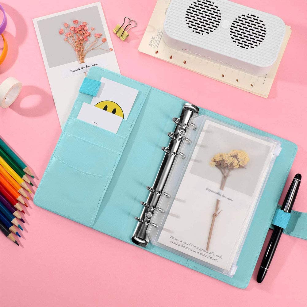 A6 Leather Notebook Binder with Plastic Binder Pockets, Refillable 6 Round Ring A6 Personal Planner Binder Cover with Stickers