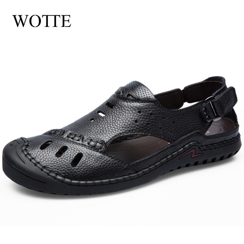 Wotte mænd sandaler split læder mænd sandaler sommer mænd kausal sko strand romerske sandalier mand udendørs sandaler sandalier: Sort / 10