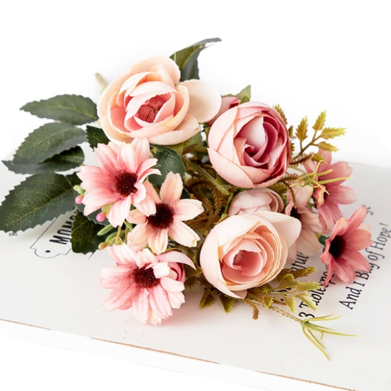 Flores artificiales baratas, jarrones pequeños de rosas de té para decoración del hogar, hojas decorativas de boda, costura, maceta Ornamental de Navidad