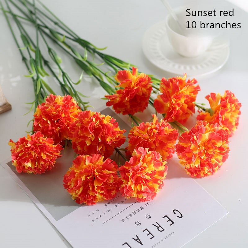 10 Stks/set Zijde Anjer Kunstbloemen Bundel Rood Geel Roze Nep Anjers Boeket Wedding Party Centerpiece Decoratie: sunset red