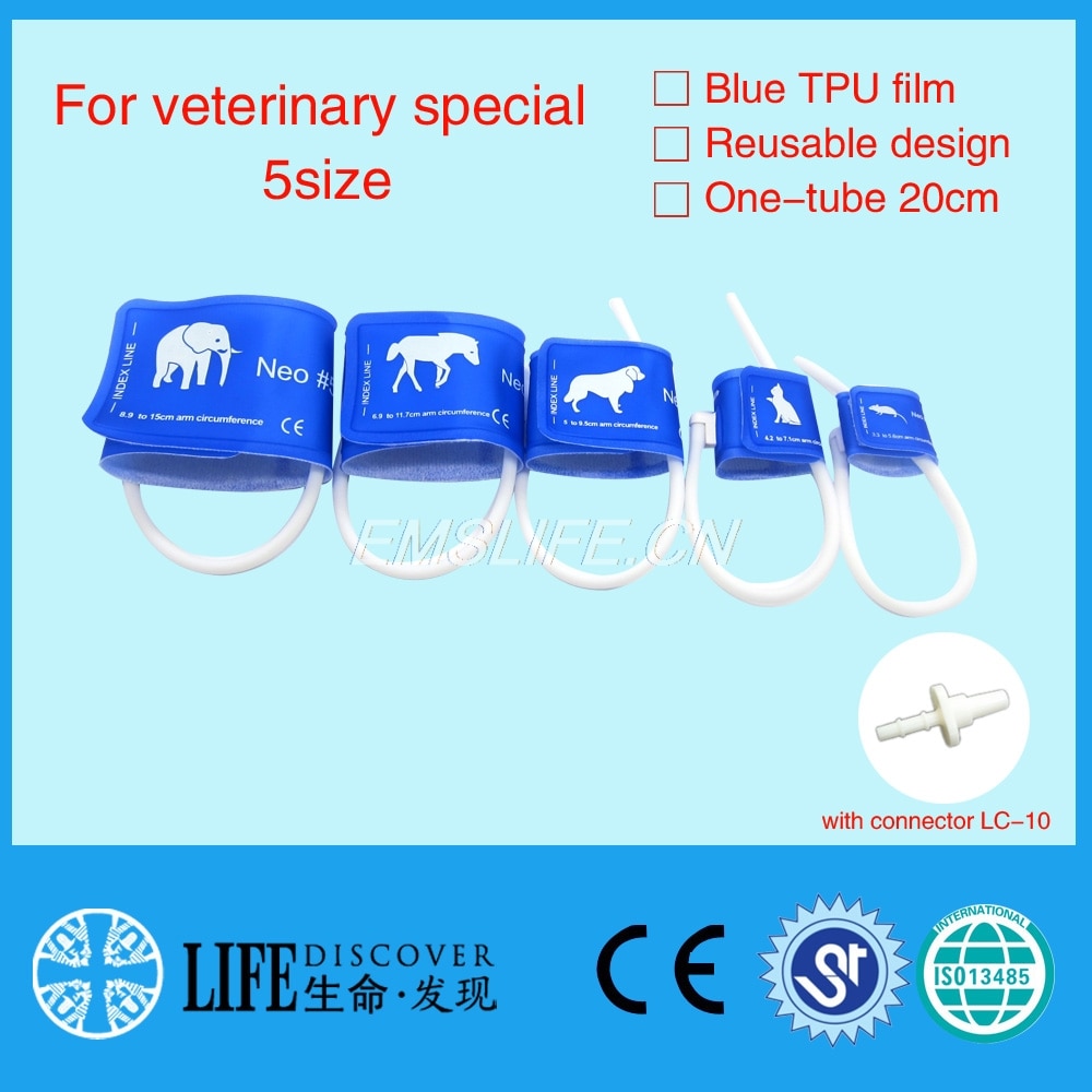 Veterinaire Bloeddruk Manchet Van Patiënt Monitor Voor Kleine Dieren Met Enkele Buis Volledige 5 Maten Verpakking Met Connector LC-10