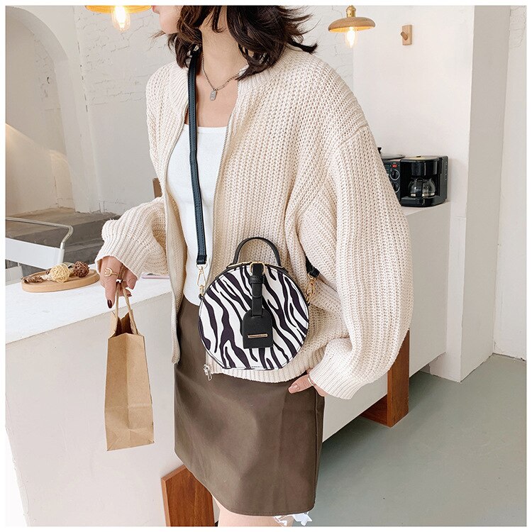 Bolso redondo pequeño de pata de gallo para mujer, nueva , bandolera de un solo hombro, bolso redondo occidental salvaje: Zebra pattern