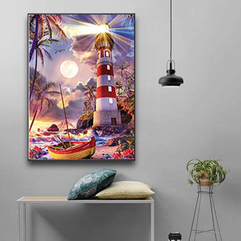 1 Set DIY 5D Diamond Painting Seaside Lighthouse Wall Seaside Night View Artist Home Decoration