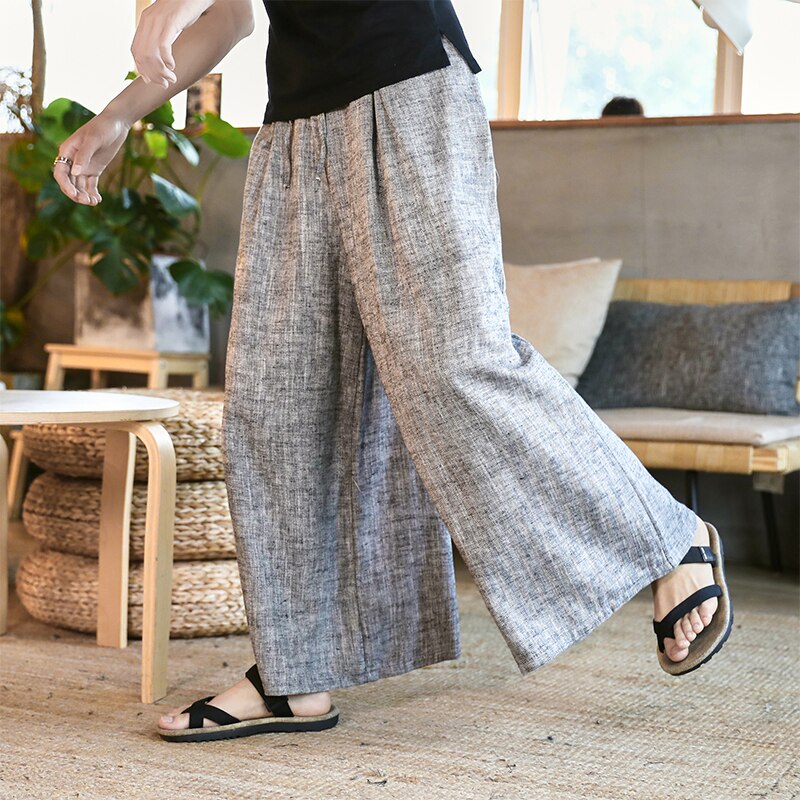 Mand bomuld linned brede ben bukser herre stribe straight flare bukser mandlige traditionelle baggy bukser behagelige åndbare bukser
