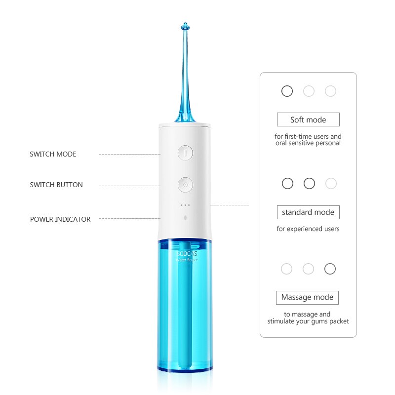 Soocas  w3 bærbar oral irrigator usb genopladelig vand tandtråd 2200 mah irrigator til rensning af tænder vandstråle tandstikker
