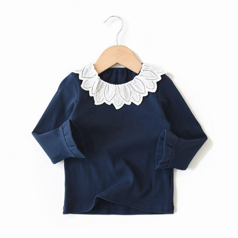 Babymeisjes t-shirt met kanten kraag, kinderblouse voor meisjes, tops, herfstprinsessen, lange mouwen, geribbelde strepen, kindertruien: Marineblauw / 7t
